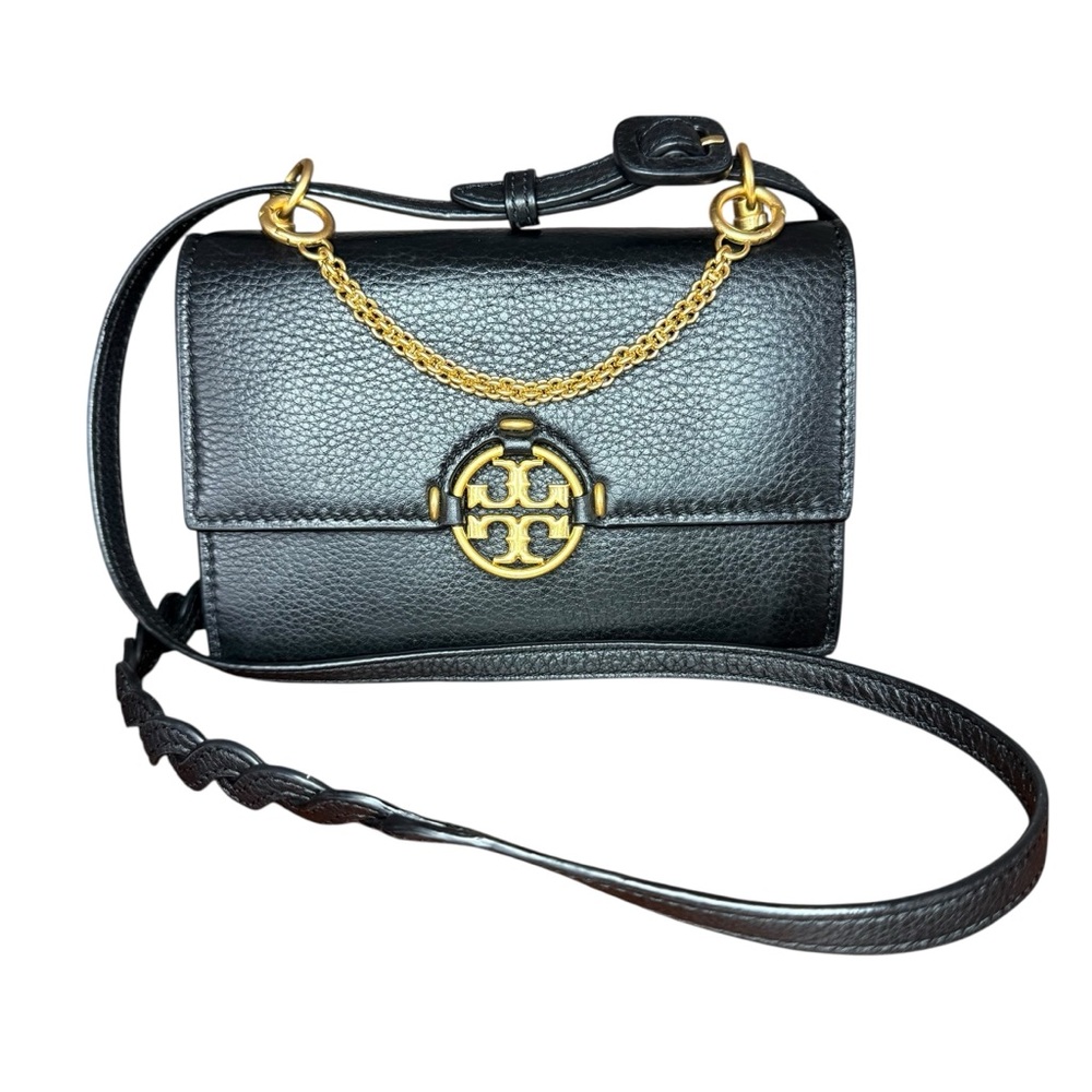 Tory Burch Miller Mini Top Handle Crossbody Bag Black pebbled Leather Gold Tones